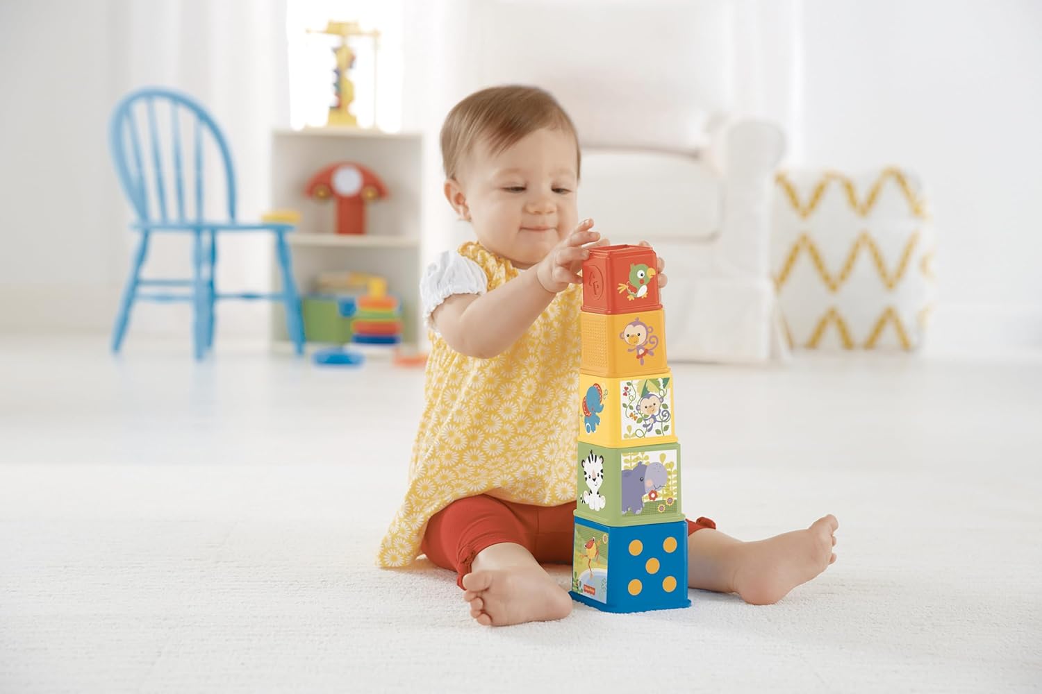 Fisher-Price Stack & Explore Blocks - 5 Würfel mit Strukturen, Figuren, Zahlen und Gegenständen zum Stapeln, Ineinanderstecken und Entdecken, für Kinder ab 6 Monaten