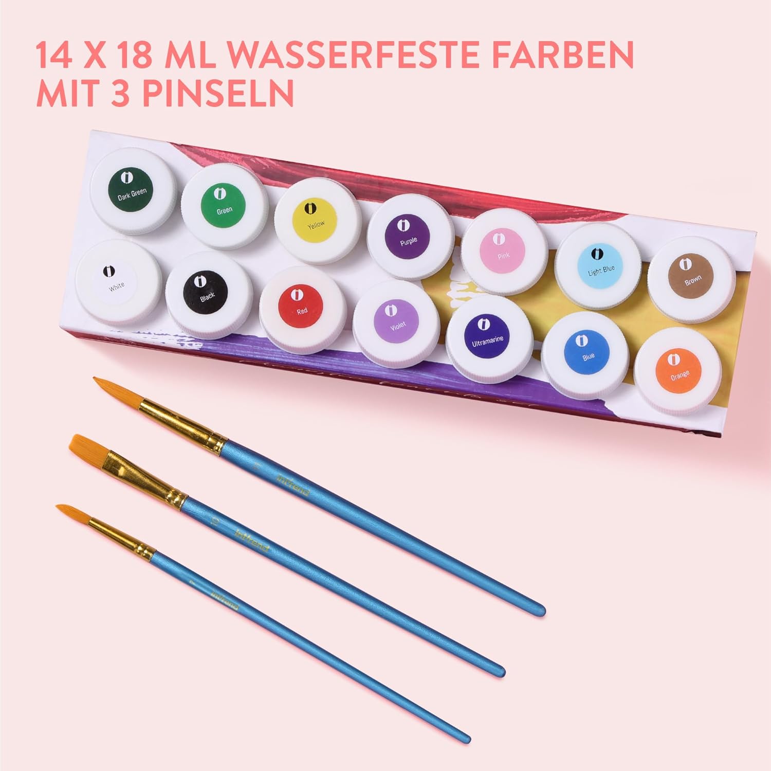 int!rend Acrylfarben Set mit Pinseln - 14 x 18ml Acryl Farben - Wasserfeste Acrylfarbe für Leinwand Holz Ton & Steine - Malfarben Holzfarbe Steinfarben wetterfest aussen