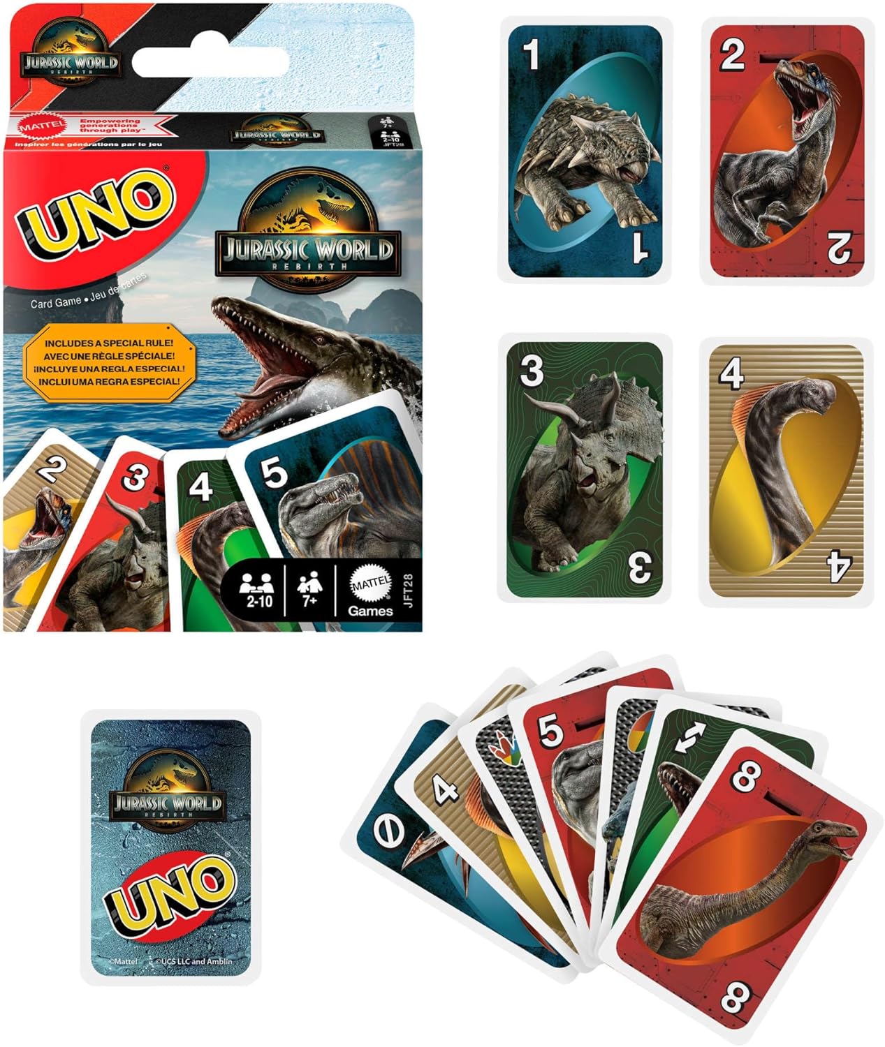 Mattel Games UNO Jurassic World: Die Wiedergeburt Kartenspiel für Kinder, Familien und Erwachsene, Kartenspiel mit Sonderregeln und vom Film inspirierten Bildern